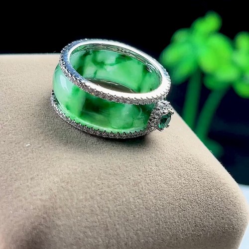 17号18mm冰飘花翡翠戒指缅甸料玉指环天然A货玉指S925银镶嵌戒圈