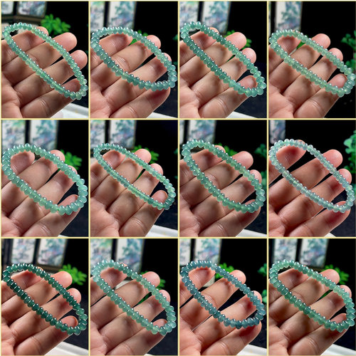 6-8MM冰底蓝水冰绿天然A货翡翠手链 算盘珠玉手串鼓珠扁珠玉手链