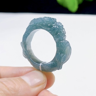 23MM冰底老蓝水天然A货翡翠龙腾扳指 玉龙戒指 精工玉石指环男款