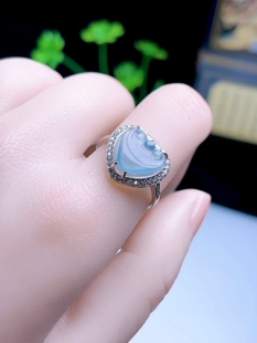 天然玉石翡翠925银镶嵌戒指 保真A货冰种蓝水心形如意指环 可调节