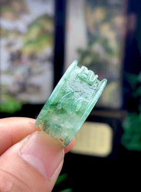 22号20mm缅甸玉石天然A货翡翠六字真言玉扳指 冰飘绿花路路通吊坠