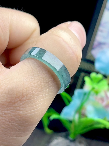 23号冰底蓝水绿翡翠方戒 平口玉戒指环 戒圈 正品天然A货玉石戒指