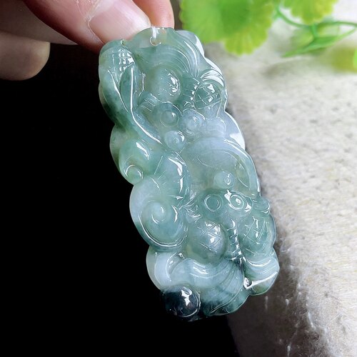 正品A货冰透荷叶金鱼玉吊坠男女缅甸玉石飘花玉坠荷叶玉项坠挂件 - 封面
