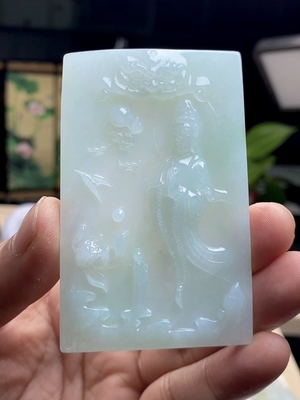 缅甸料翡翠冰底浅冰晴观音牌玉坠 天然A货玉石莲花观世音吊坠挂件