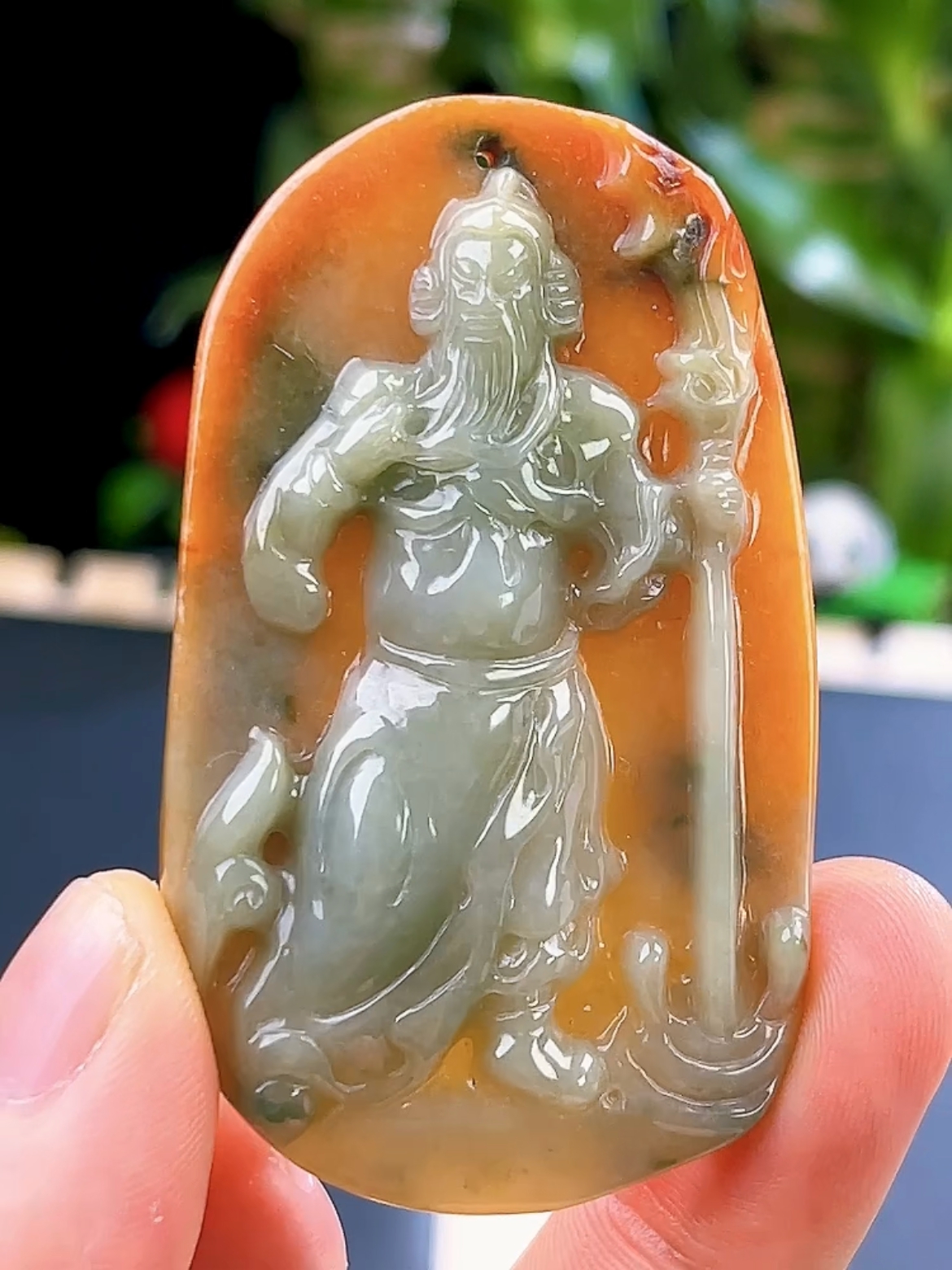 缅甸天然玉石A货巧色双彩黄翡关公翡翠吊坠关二哥 武财神玉坠挂件