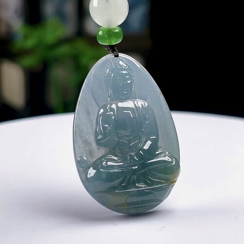 保真翡翠天然A货玉石冰蓝水大日如来佛玉坠 生肖羊猴守护神吊坠