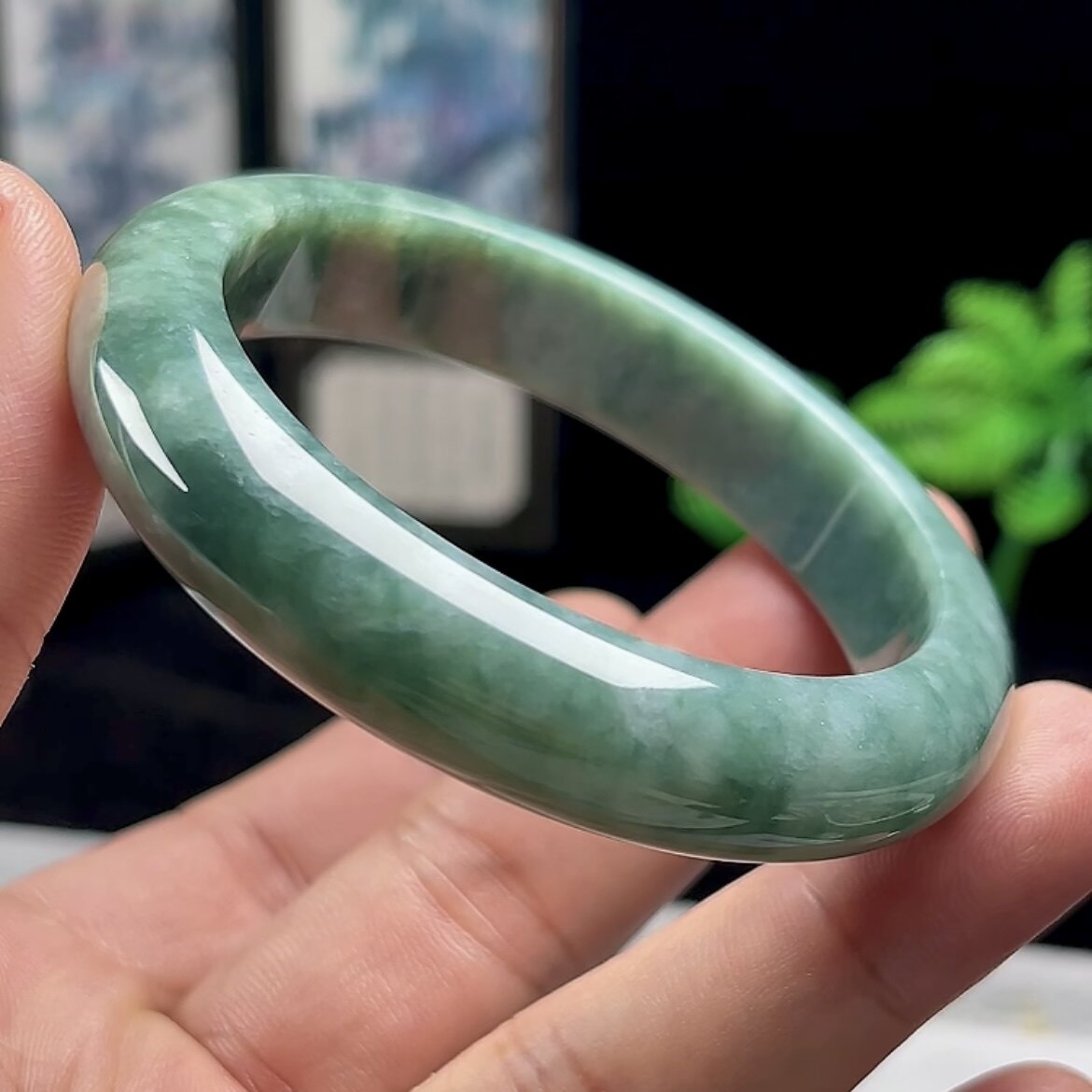 53-54圈口翡翠手镯女缅甸料A货天然玉石豆绿正圈平安镯玉镯子正品