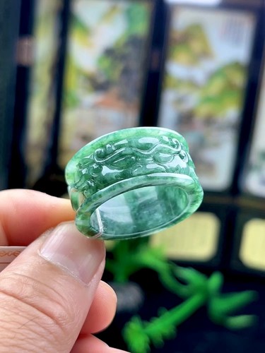 28号22.1mm 缅甸天然玉石翡翠满绿飘花玉扳指保真A货玉指环大圈口