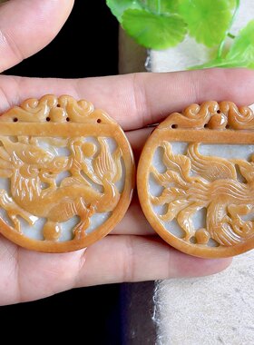缅甸翡翠龙凤呈祥玉佩天然吊坠