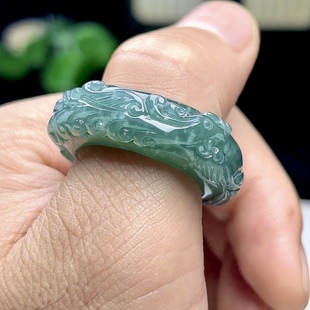 23号天然A货翡翠凤凰指环 老蓝水玉凤凰戒指女 玉石扳指 宽边20mm