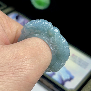 20MM蓝水翡翠龙腾玉扳指 玉指环男双龙护主 天然A货玉石雕龙戒指