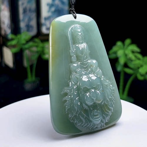 大件油绿翡翠文殊菩萨吊坠本命佛