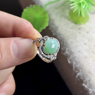 925银镶嵌蛋面女款 缅甸A货天然阳绿翡翠戒指玉石 天然a货玉戒指