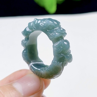 戒圈 玉石指环 22号19.8MM老蓝水天然A货翡翠腾龙扳指 玉龙戒指男