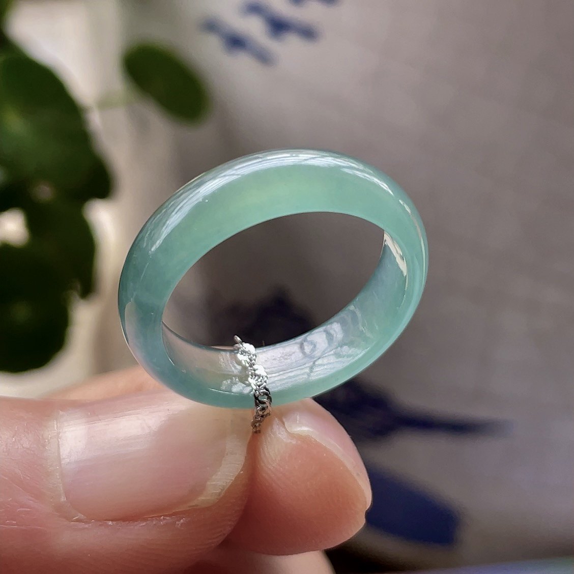 8mm冰种翡翠指环女 玉戒指男 宽边天然玉石a货玉戒圈 蓝刚冰绿