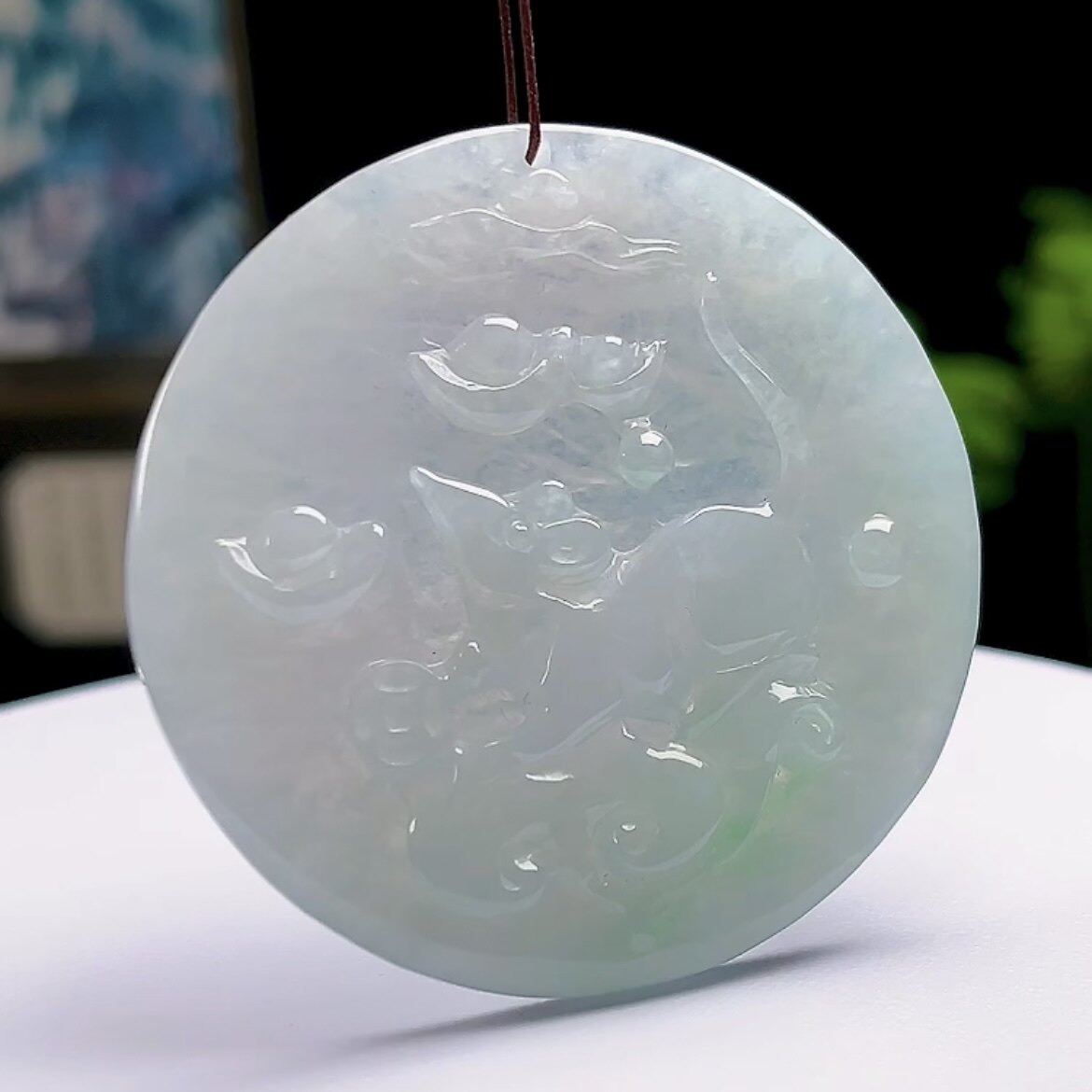 缅甸料天然玉石A货翡翠冰润飘花招财鼠牌玉坠十二生肖鼠吊坠男女