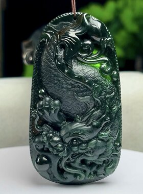 正品天然A货玉石墨翠招财龙头鱼玉坠保真缅甸料翡翠龙鱼吊坠男女