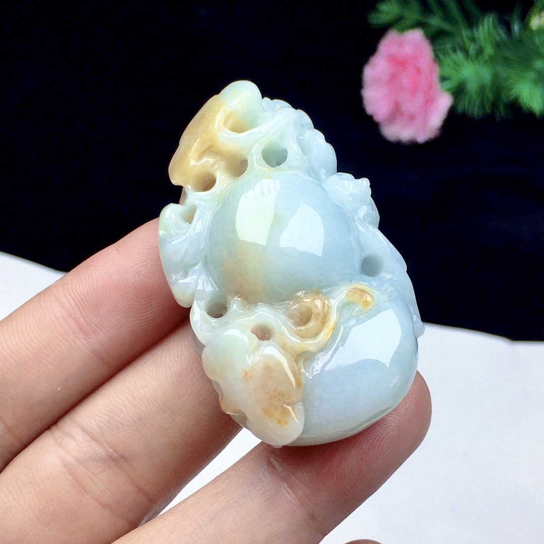 缅甸玉石 正品A货天然飘黄翡翠葫芦吊坠 镂空精工 玉葫芦如意玉坠