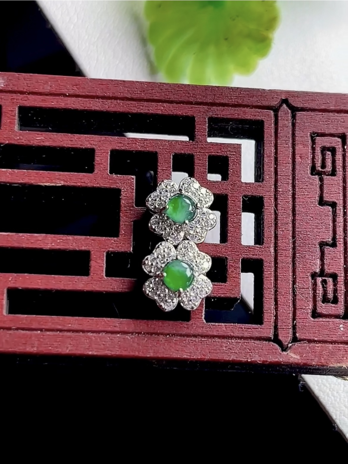 冰种A货翡翠四叶草耳钉S925银