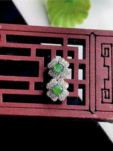 冰种A货翡翠四叶草耳钉S925银