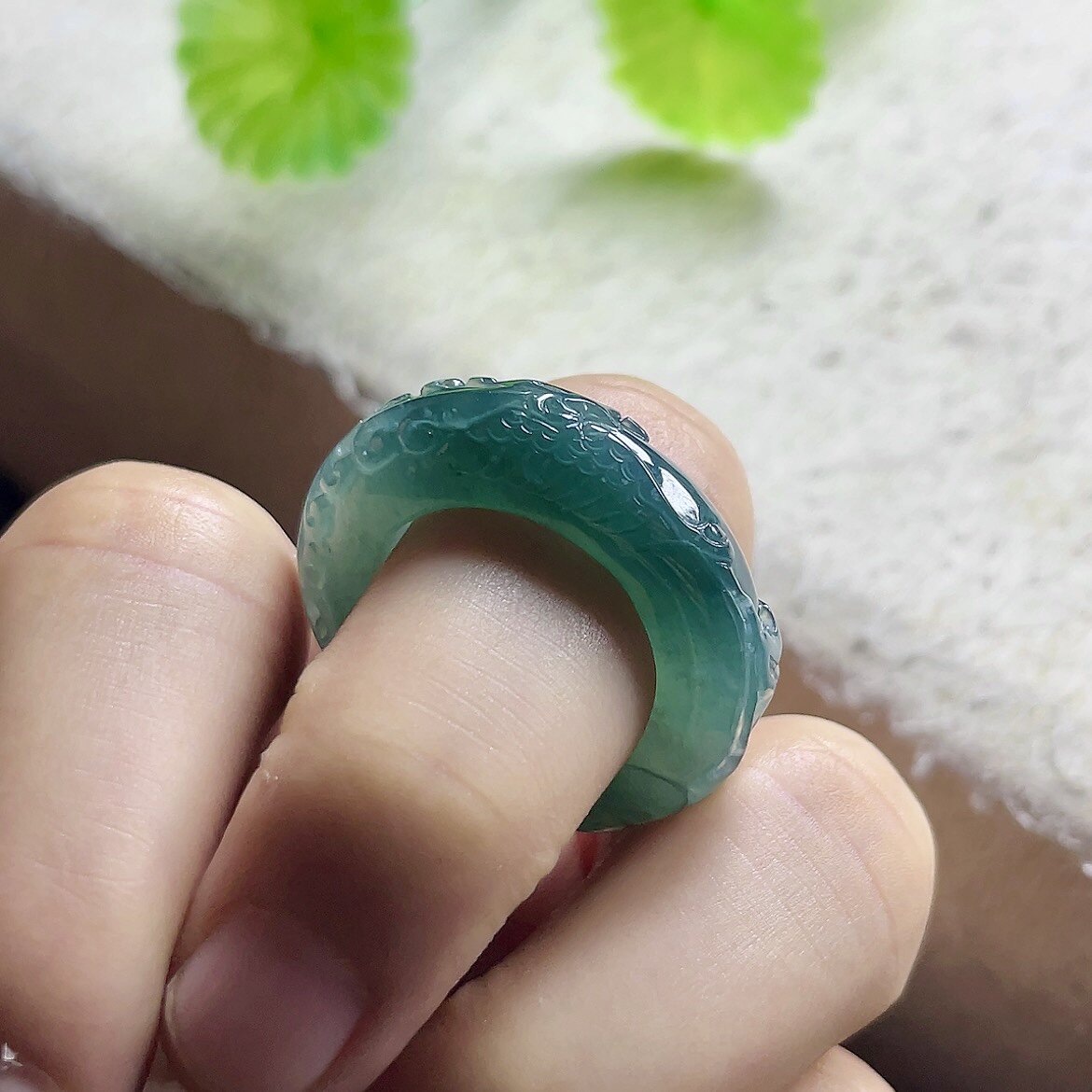 20mm蓝刚冰胶天然a货蓝水带黄翡翠凤凰扳指女 玉石指环 玉戒指男
