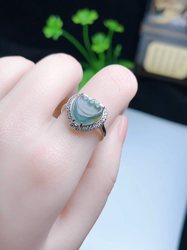 天然玉石翡翠925银镶嵌心形戒指 保真A货冰种蓝水如意指环可调节