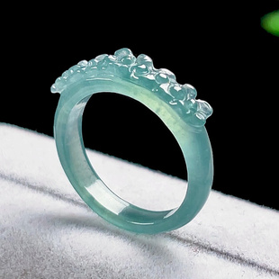 天然A货翡翠梅花戒指女雕刻五花朵玉指环 冰底蓝水冰绿玉戒指送证