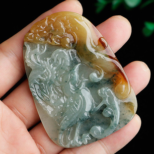 正品缅甸A货巧色双彩飘花翡翠龙凤呈祥吊坠 玉龙凤玉佩玉坠精工