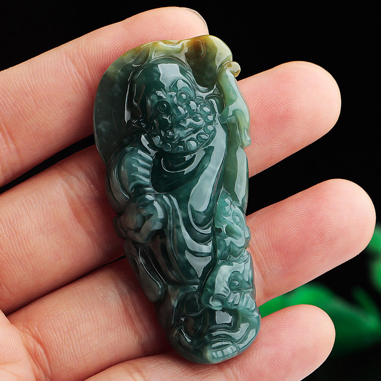 正品A货缅甸天然蓝水墨绿带黄翡翠达摩吊坠精工玉达摩玉坠带证书