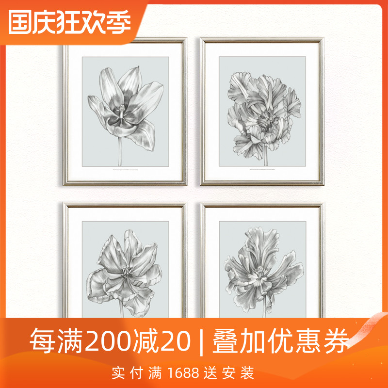 现代美式素描植物花卉客厅装饰挂画原版进口轻奢法式餐厅卧室壁画图片