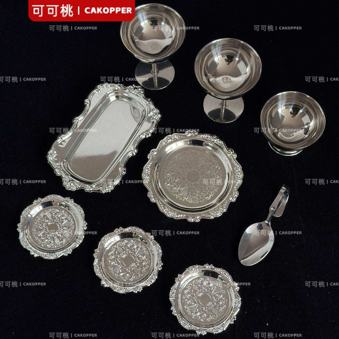 不锈钢托盘甜品台展示餐具银色器皿高颜值甜品摆盘蛋糕点心布丁杯