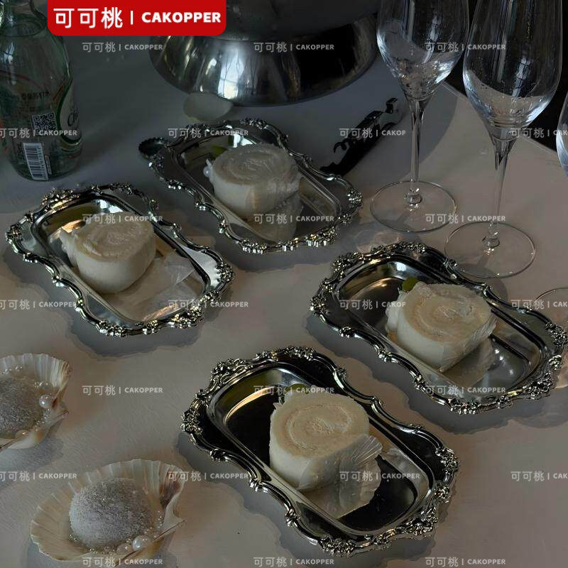 韩式秩序感浮雕托盘结婚派对甜品台装饰不锈钢勺子蛋糕展示架摆件