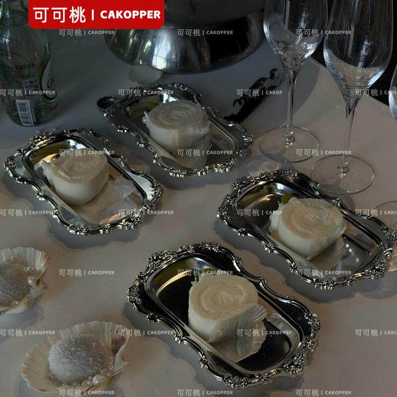 韩式秩序感浮雕托盘结婚派对甜品台装饰不锈钢勺子蛋糕展示架摆件