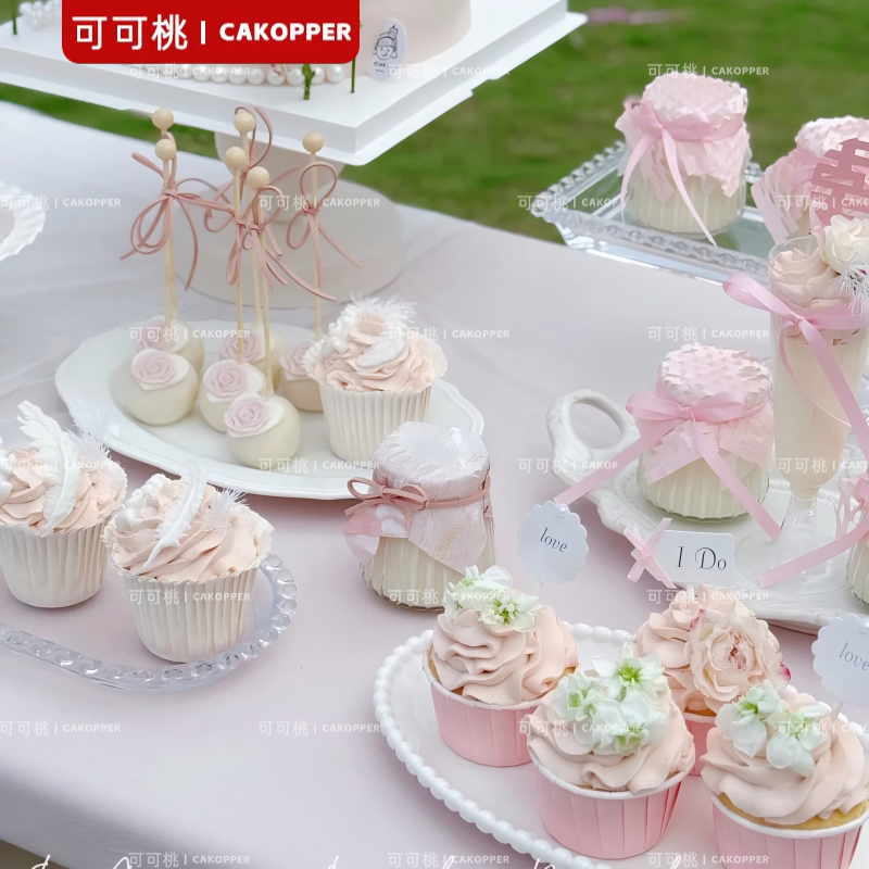 爆款粉色系甜品台装饰婚礼仪式蛋糕插牌女孩百天宴布丁杯贴纸用品