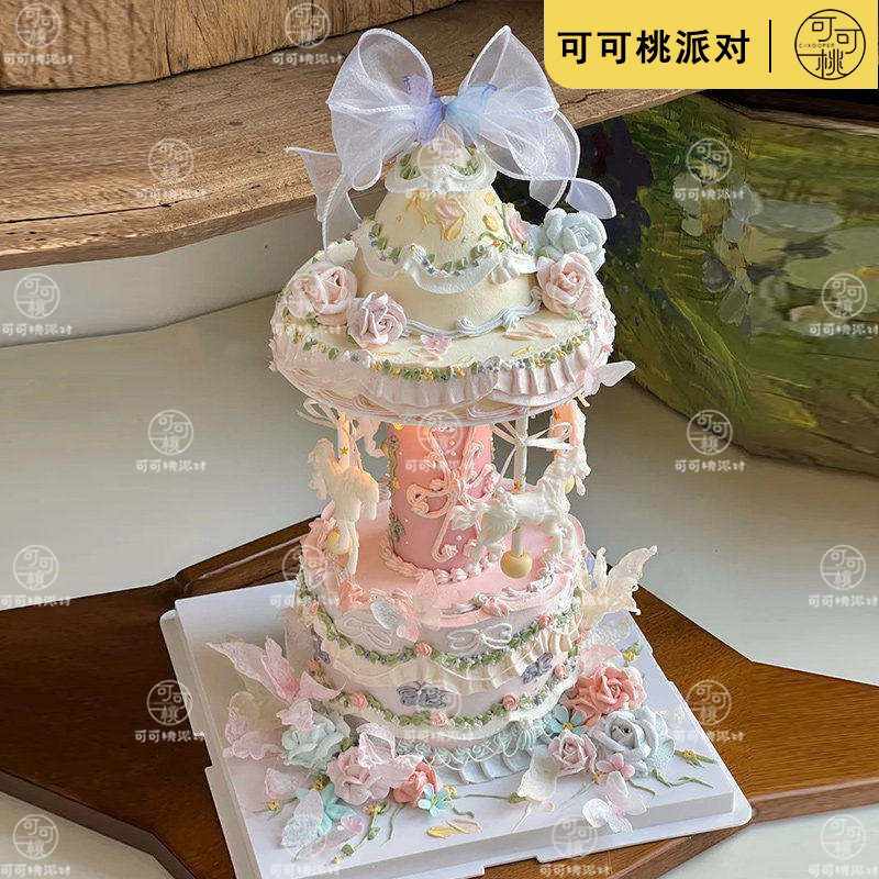 韩式复古双层旋转木马蛋糕支架悬浮自动电动蛋糕转台底托早晨同款