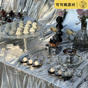 金属质感甜品台展示架银色盘子蛋糕托盘摆件不锈钢勺子装饰摆台