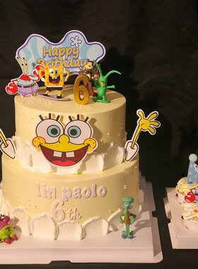 黄色生日主题甜品台装饰插件海绵宝宝蟹老板派大星蛋糕装扮小摆件