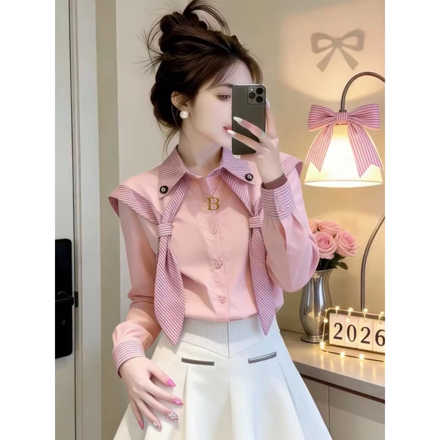 温柔chic粉色POLO领长袖衬衫条纹披肩女春季款洋气百搭假两件上衣