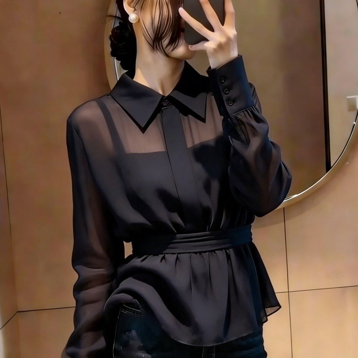 轻熟风黑色长袖翻领收腰衬衫女2026年春季设计感气质显瘦小众上衣
