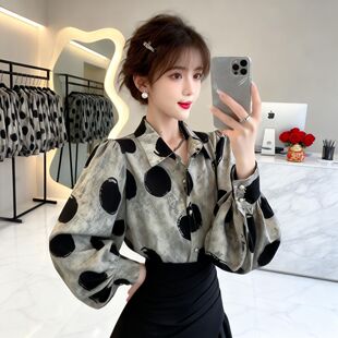圆点印花外穿衬衫女春秋新款欧货宽松灯笼袖上衣时尚百搭洋气衬衣