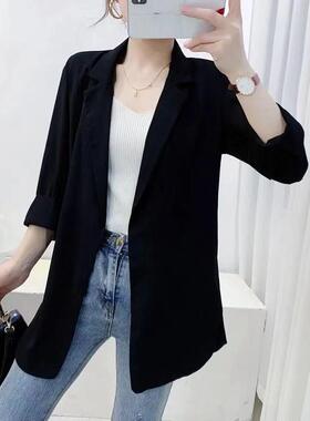 垂坠飘逸白色雪纺小西装女气质中长款休闲西服春夏季宽松薄外套