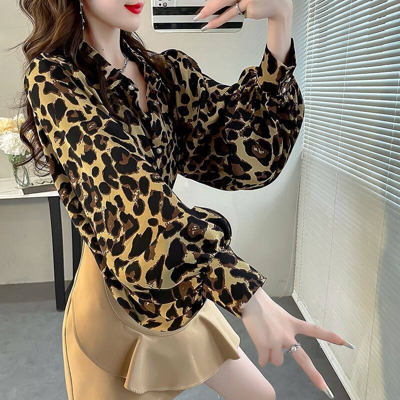 印花豹纹时尚上衣秋日女装新款显瘦灯笼袖衬衫雪纺气质显瘦衬衣女 - 韩涵女装出品
