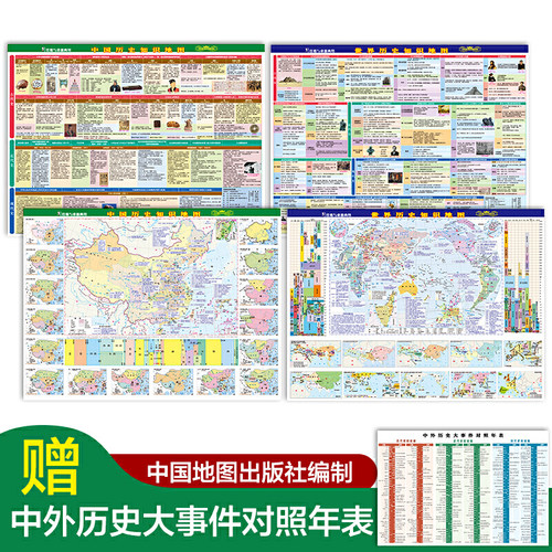 中国 世界历史知识地图4开 576mm*430mm 挂墙与桌面两用 配套部编版教材 覆膜 赠中外历史大事件对照年表 筒装