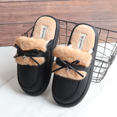 女士棉拖鞋英伦风豆豆鞋蝴蝶结冬