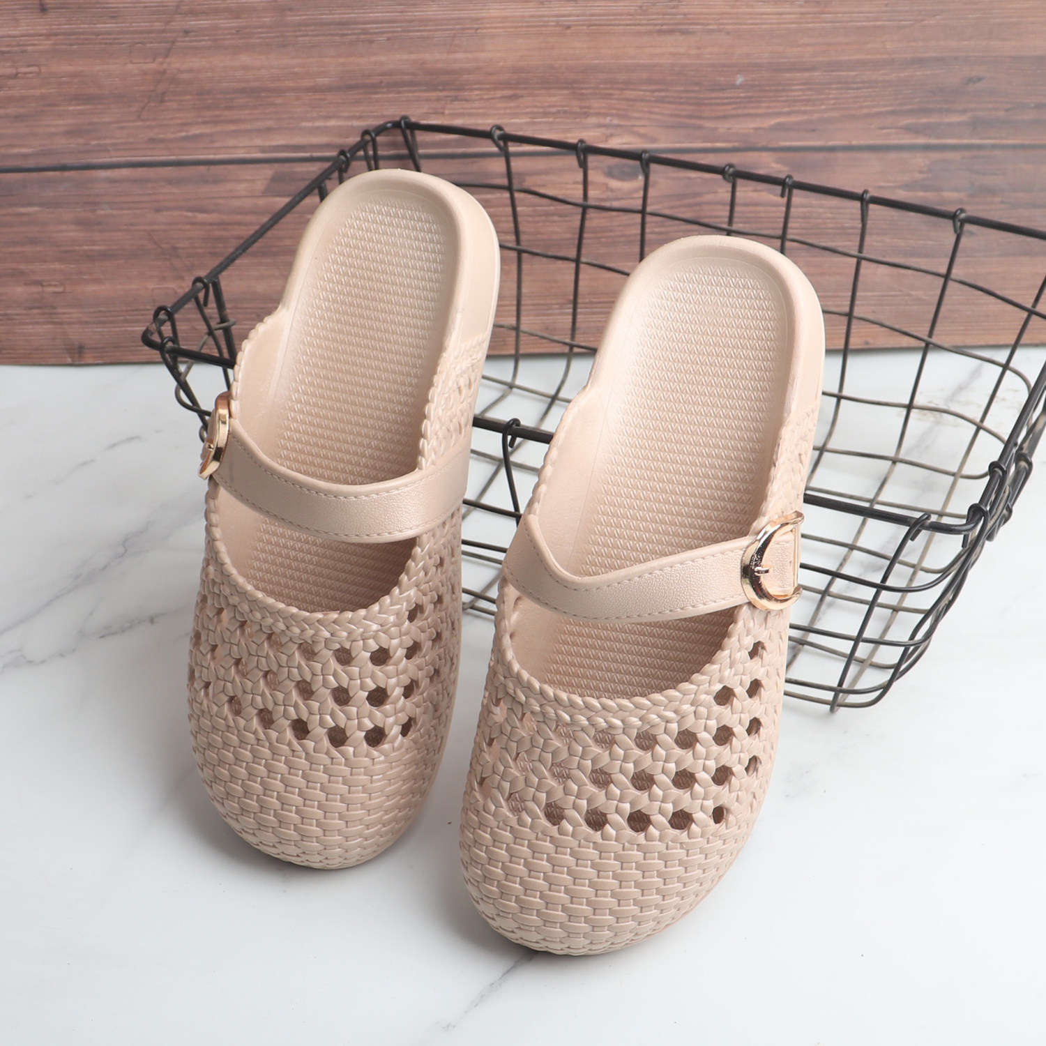 夏季新品镂空仿编织平底洞洞鞋一脚蹬包头半拖软塑胶舒适凉拖鞋女,女鞋,包头拖,淘宝优惠券,粉丝福利购,淘宝优惠卷