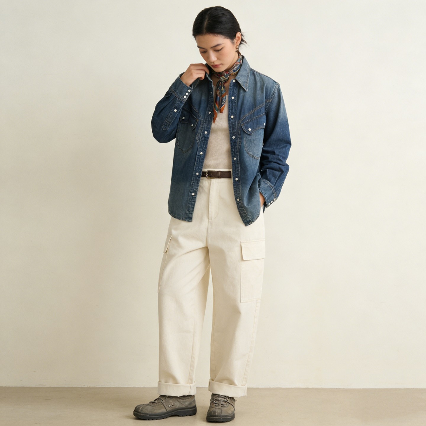 牛仔蓝工装宽松长袖衬衫男春秋