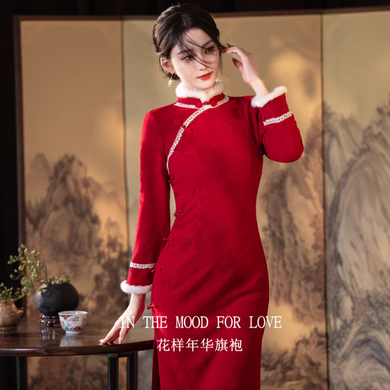 四小姐花样年华旗袍新中式红色改良冬敬酒服提花缎面订婚礼裙女