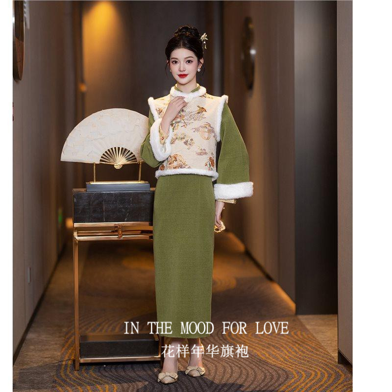 高端绿色马甲套装女新中式202