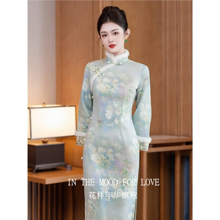 四小姐花样年华旗袍新中式绝美长袖加绒保暖绿色冬季加绒连衣裙