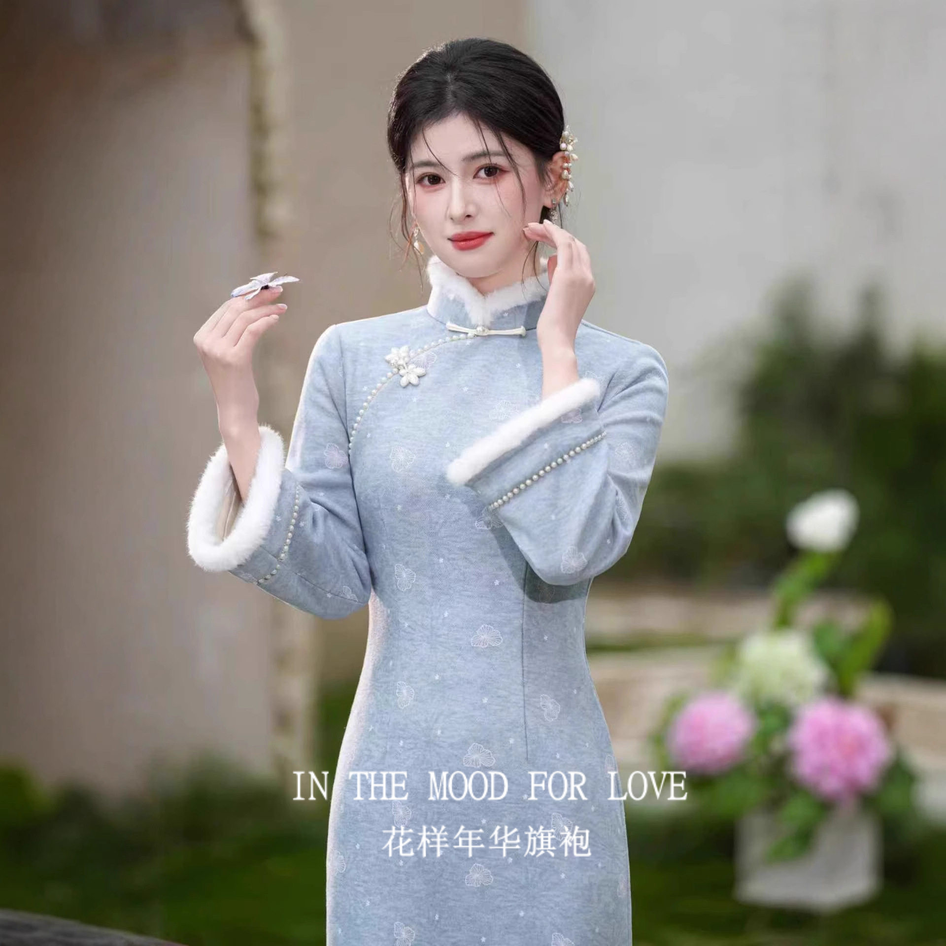 蓝色复古国风倒大袖冬款